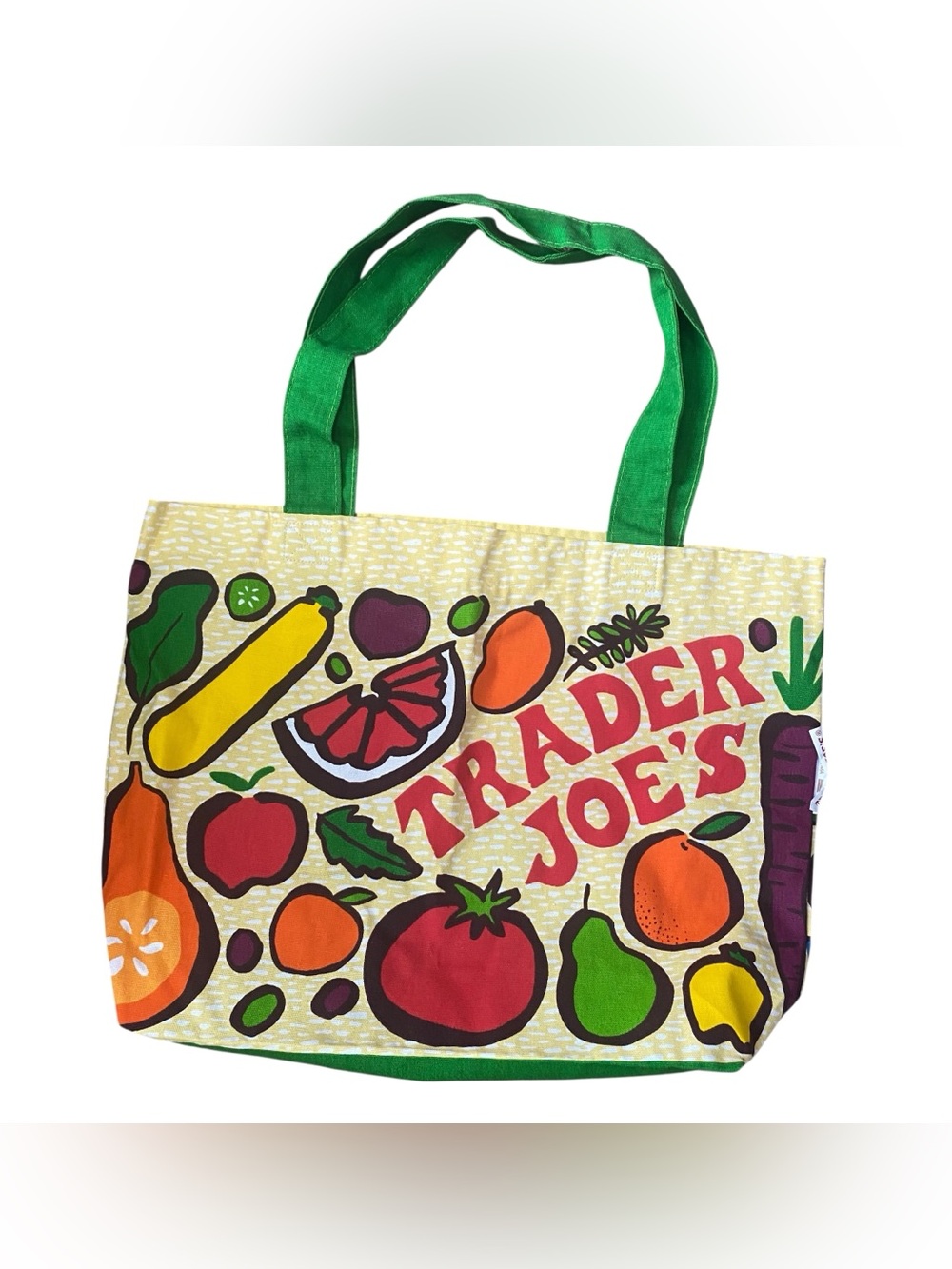 Trader Joe's Produce Veggie Vegetable Green Handle Lightweight Canvas Tote Bag - Picture 4 of 5